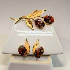 Vintage Van Dell Brecciated Red Jasper Brooch Earrings Set 1/20 12K Gold Filled